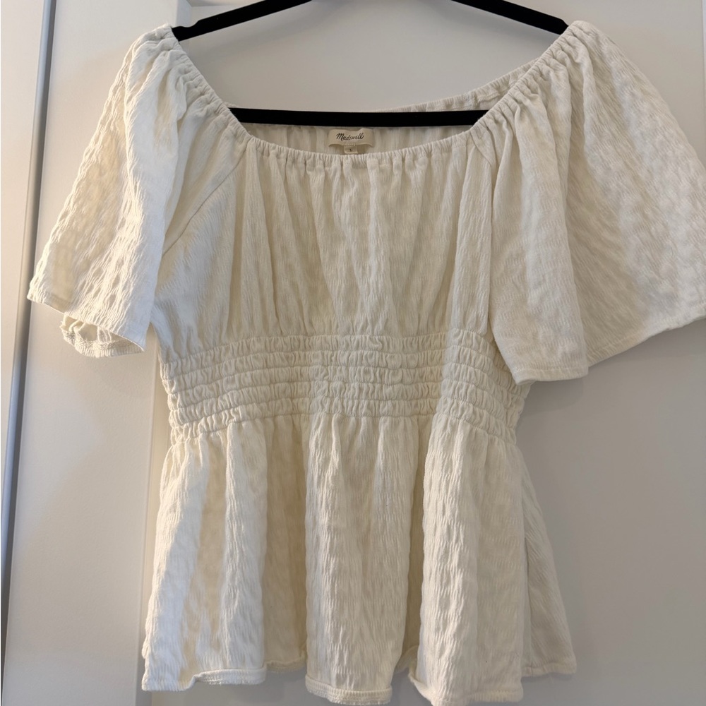 Madewell Cream Off-Shoulder Smocked Peplum Blouse